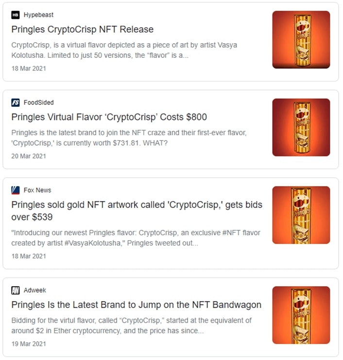 Headlines about Pringles' CrypoCrisp NFT