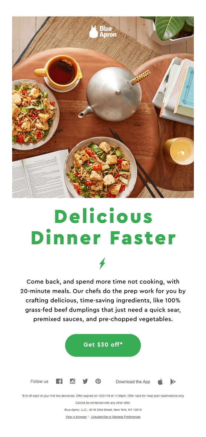 Winback email example from Blue Apron