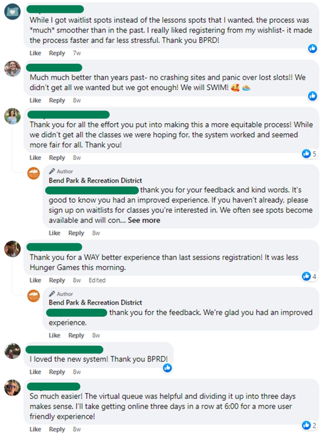 Facebook comments with positive feedback for BPRD's waiting room 