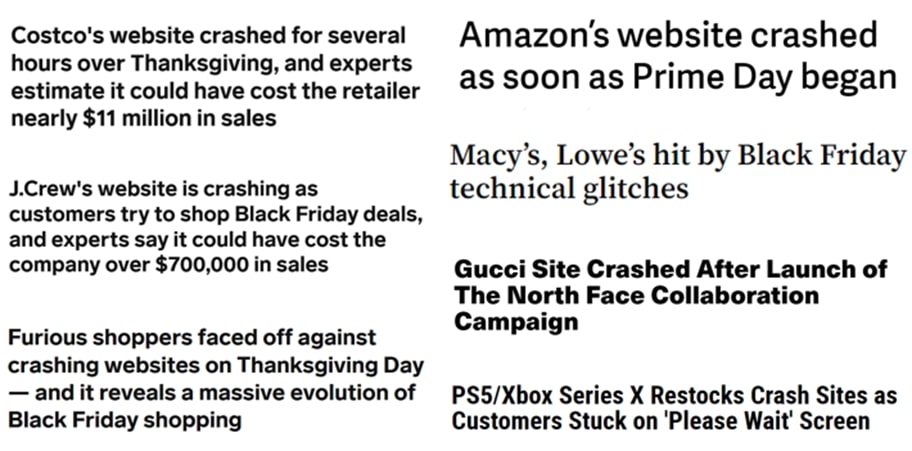 Compilation of several headlines about retail site crashes: Amazon, Costco, Gucci, etc.