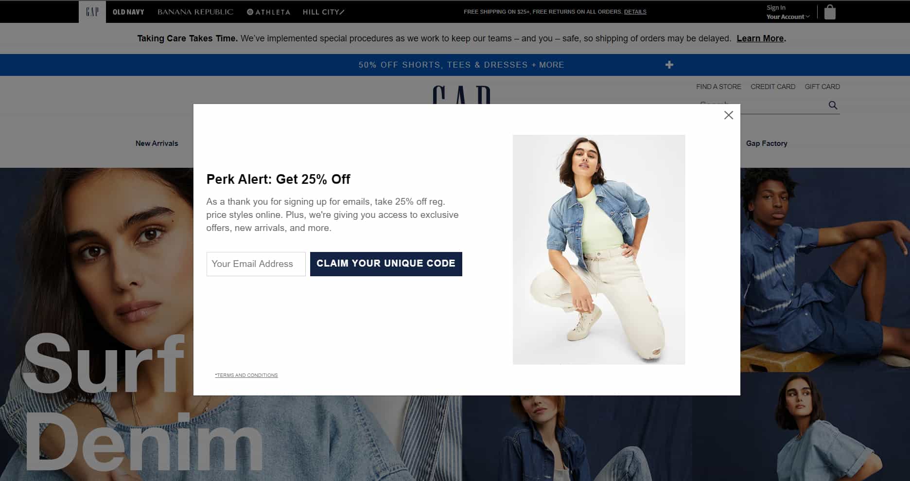 GAP popup to collect email for ecommerce newsletter