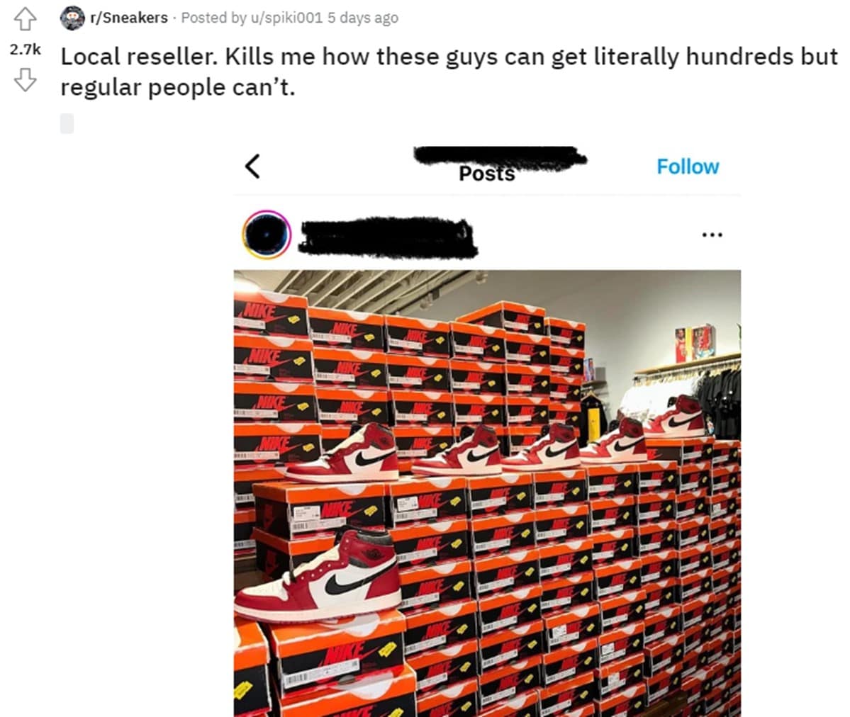 Reddit post complaining about a reseller flexing giant sneaker collection 