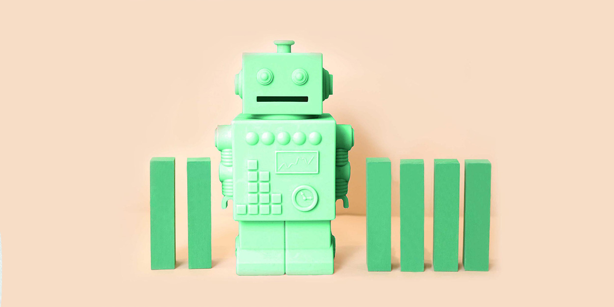 green bot among green wooden blocks
