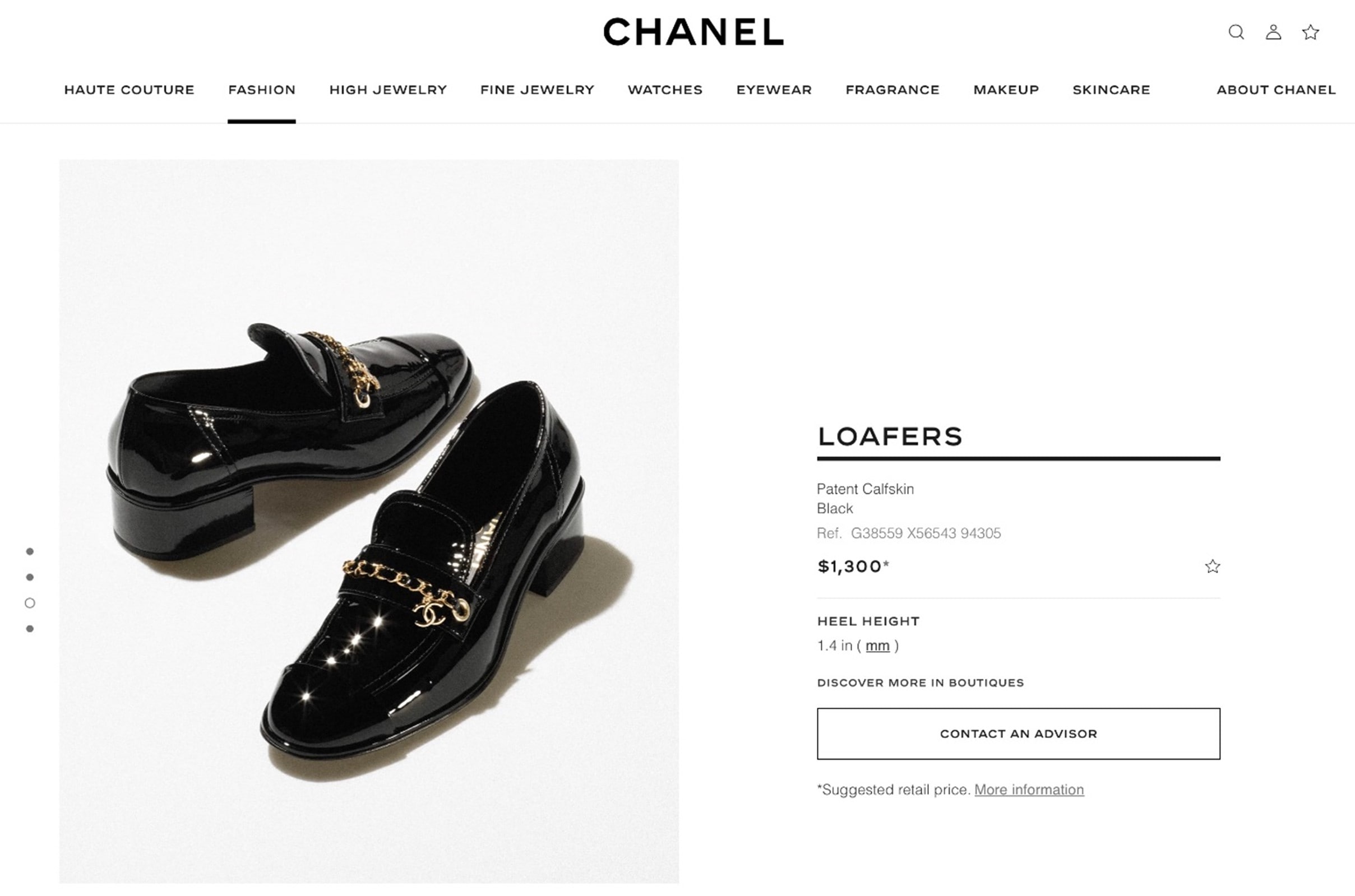 Chanel loafers product page "contact an advisor"