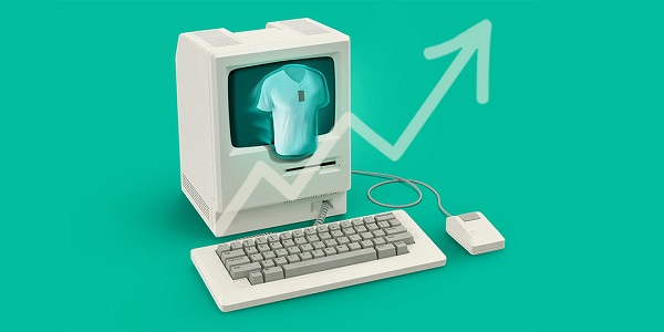 computer for shopping on green background