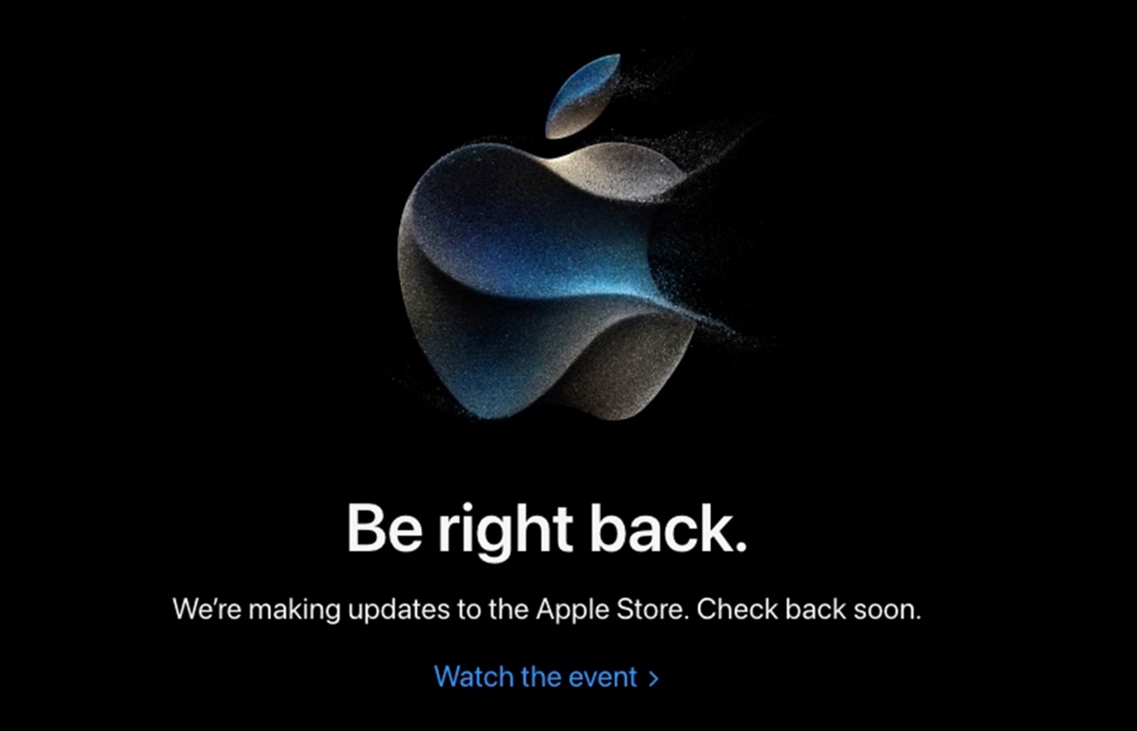 Apple store homepage with text reading "We'll be right back"