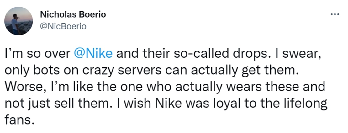 Tweet complaining about Nike sneaker drops and bots in them