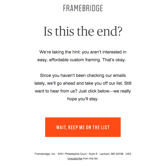 Retention email example from Framebridge