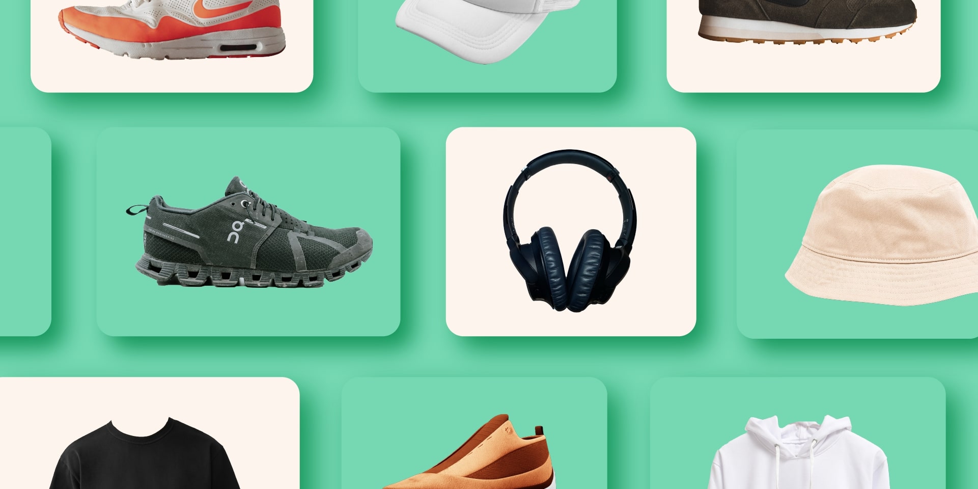Different products in boxes--headphones, shoes, hoodie--product drop
