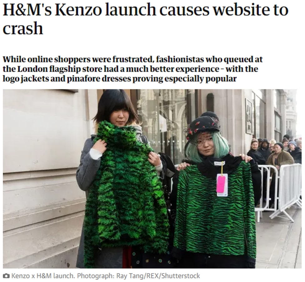 News headline about H&M collaboration with Kenzo crashing website
