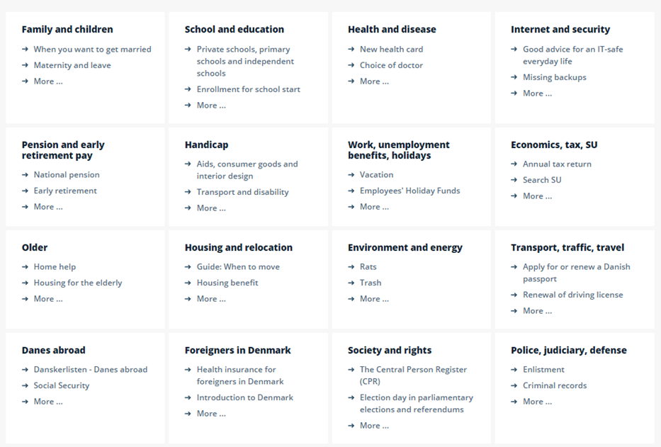 List of many services provided on borger.dk