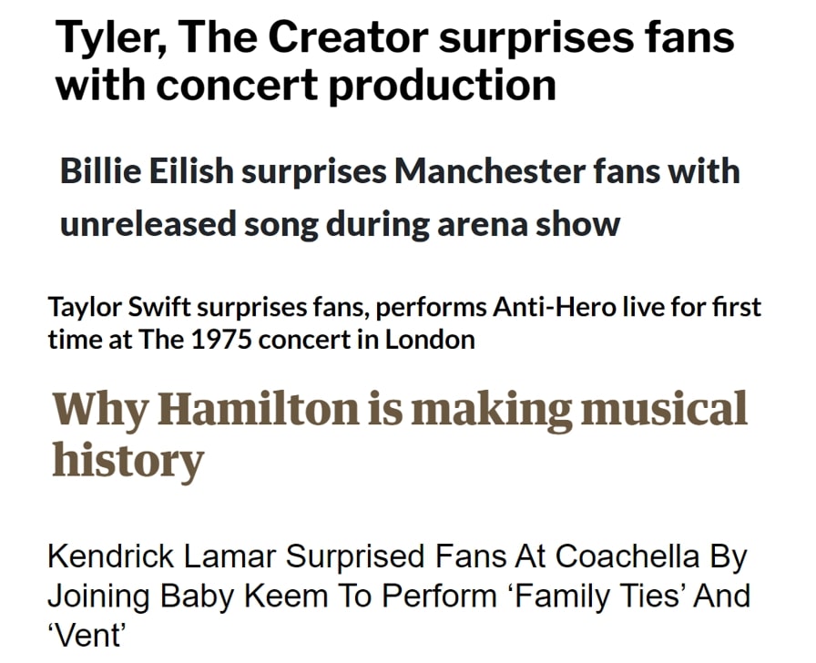 Headlines about artists and events surprising fans