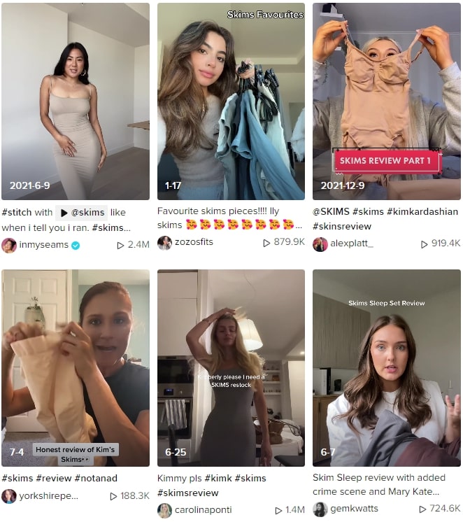 TikTok Screenshot: 6 videos of content about SKIMS products