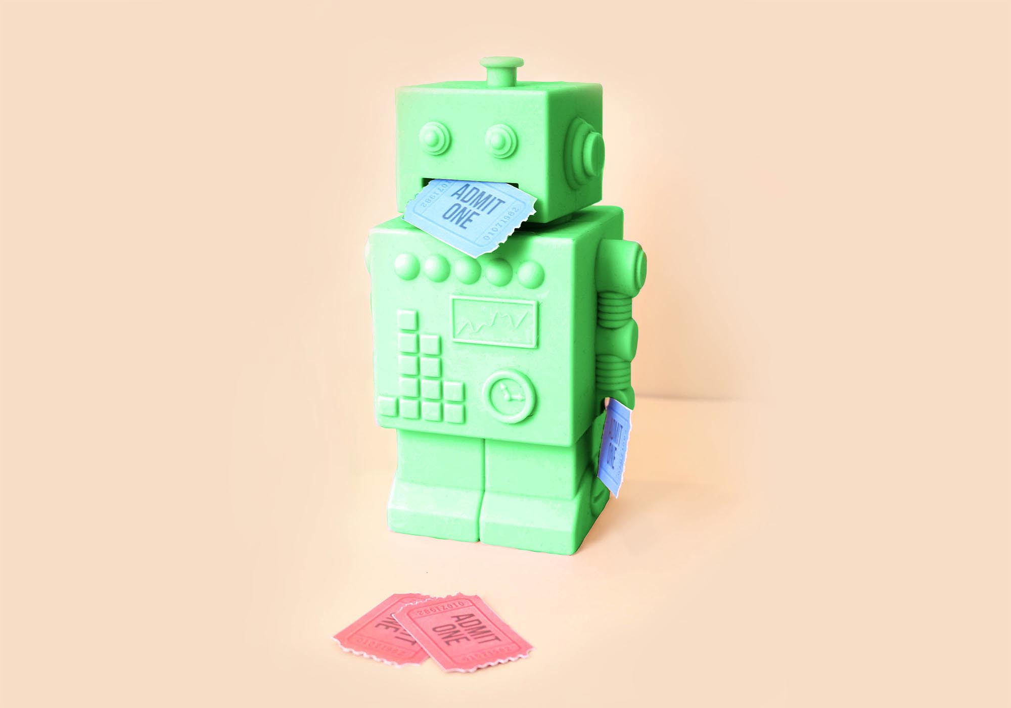 Green ticket bot with blue ticket in its mouth