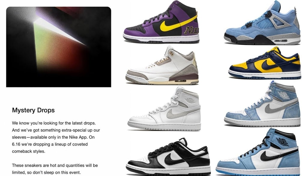 Nike Mystery Drops notification page with text and sneakers